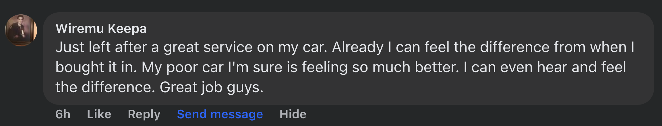 Facebook comment from a happy local customer